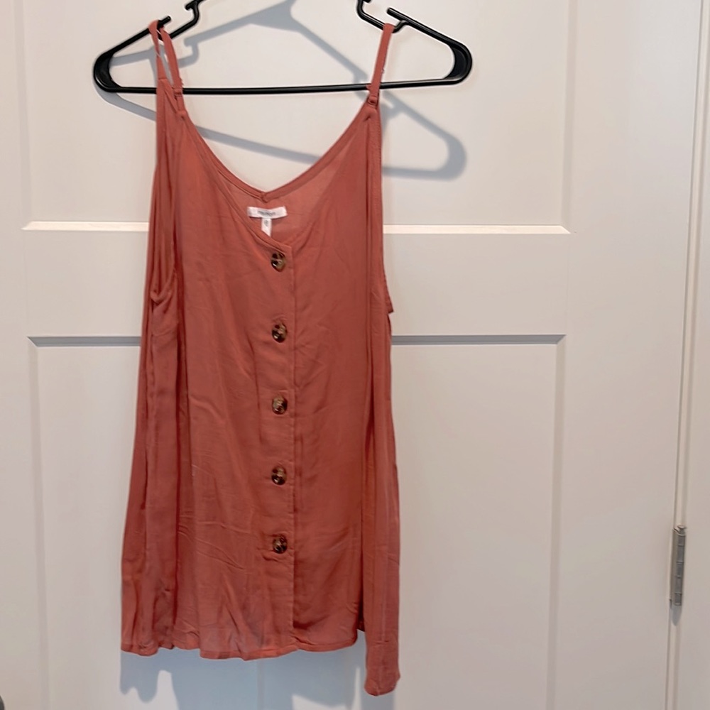 Adjustable strap, button up linen top